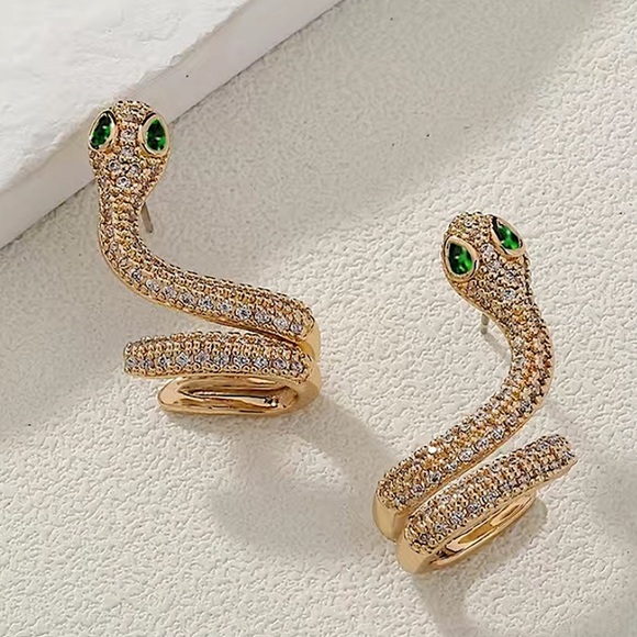 Gold Snake Zircon Earrings Creative Design Trendy Serpent - Picture 3 of 6